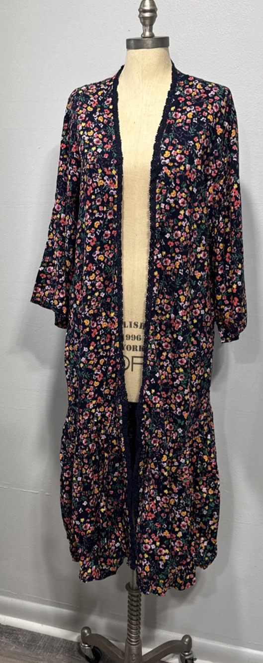 Jessica Simpson Women’s Floral Long Kimono Duster Cardigan Ruffle Hem Size M